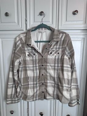 Prana Plaid Button-Front Women's lined Flannel in Taupe & Cream XL